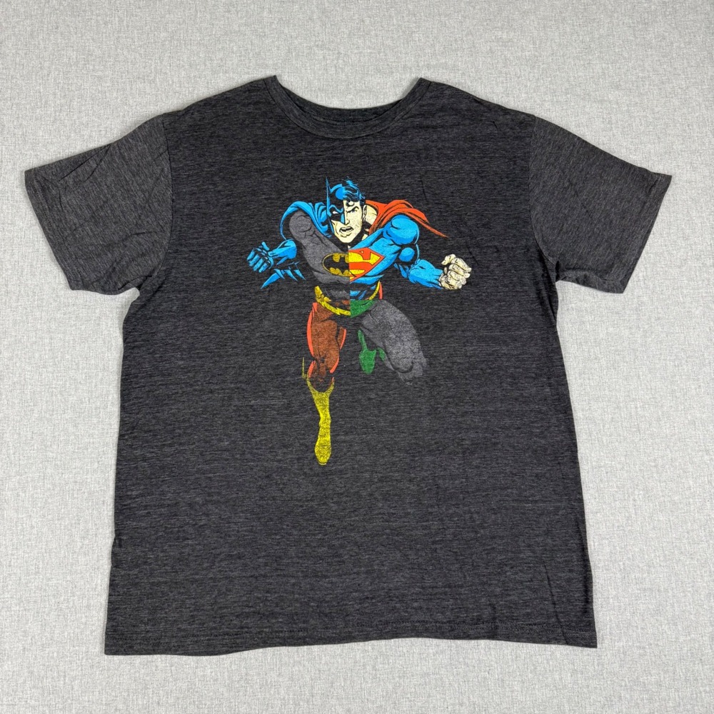 Justice League Batman Superman Split Face Graphic T-Shirt Gray Large
